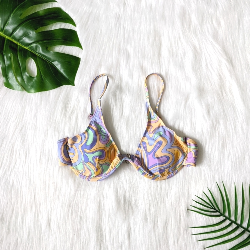 Abstract pattern purple green and yellow push up bikini top size L